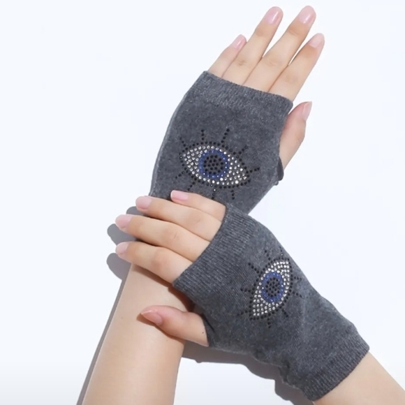 Evil Eye Fingerless Gloves Gray Grey Blue Silver Black Crystal Rhinestone Studs - Picture 4 of 8